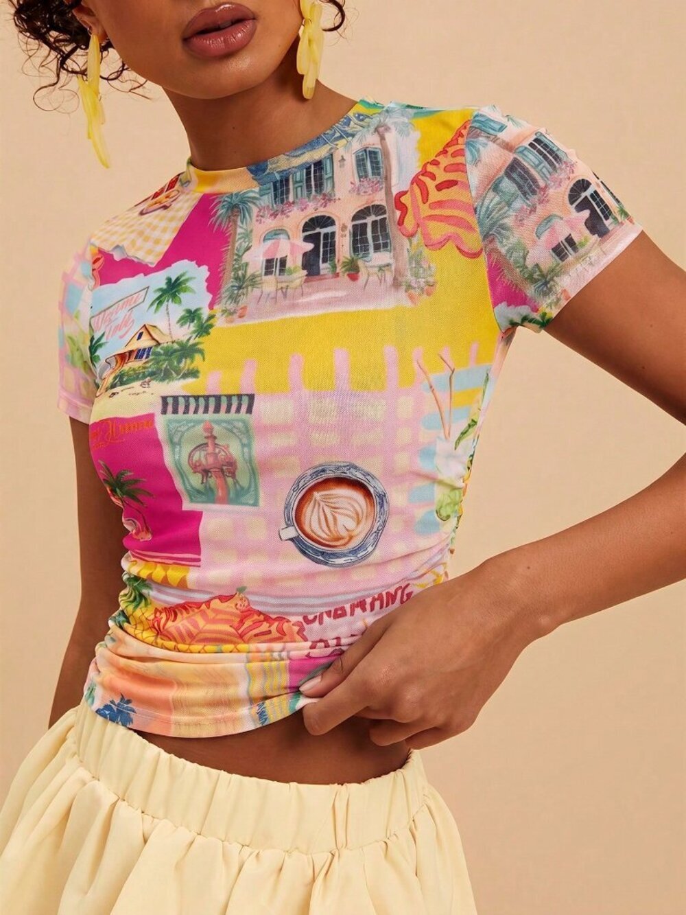 Multicolor Chic Women's Fitted Printed Short Sleeve Mesh Sheer Ruched Blouse